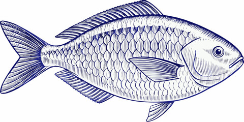 Detailed Fish Engraving A Vintage style Blue Illustration © Sanjoy