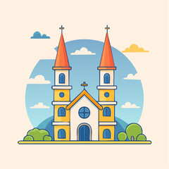 Fototapeta premium Cartoon Church Building with Twin Towers and Cross