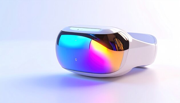 Modern VR headset with glossy, iridescent lenses and a clean, minimalist design