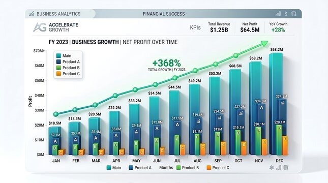 Business growth chart showing net profit over time with a 368 percent total growth in fy 2023 on a white background