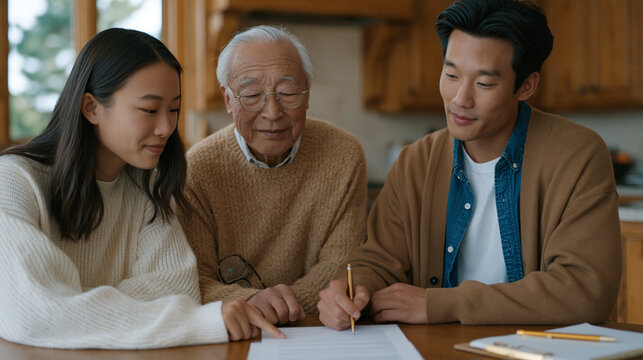 Teen daughter translates a lease agreement aloud to her elderly Chinese parents at a kitchen table, finger tracing each line slowly, the parents leaning in close with reading glasses as the landlord