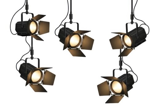 Group of professional studio spotlights hanging from ceiling