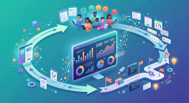 Digital feedback loop concept with customer surveys, analytics dashboard and communication icons, showing how businesses collect and act on customer needs.