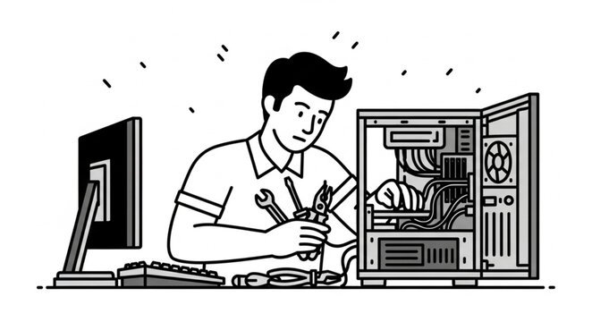 Computer technician working on desktop PC hardware components.
