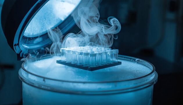 An open liquid nitrogen dewar containing a rack of cryovials, white vapor rising from the liquid, vials frosted, vapor swirling, dim light with vapor glow, cell culture lab with cryo freezer, drug