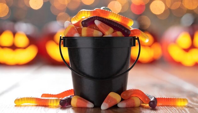 Black Halloween bucket overflowing with candy corn and gummy worms in front of pumpkins