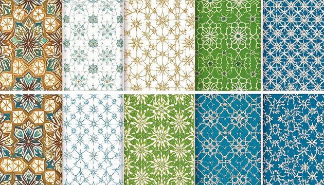 Assorted vibrant patterned backgrounds with floral, geometric, and arabesque designs