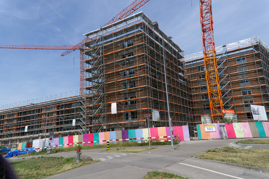 Construction site of apartment buildings at Swiss city of Z&uuml;rich on a sunny and hot spring day. Photo taken May 30th, 2026, Zurich Seebach, Switzerland.