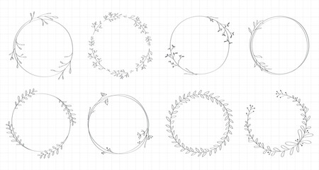 Obraz premium Set of delicate floral circle frames vector, hand-drawn botanical wreaths on grid