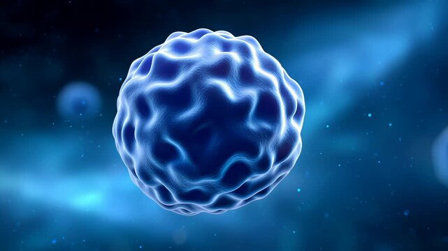 Cell divides into two distinct forms in abstract space. Vibrant blue design with glowing elements indicates molecular interaction in scientific study