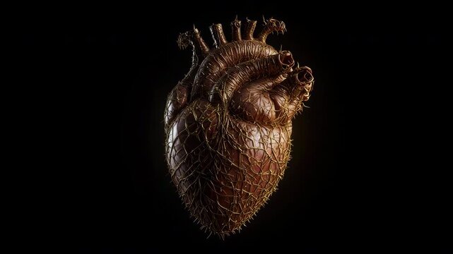 Surreal Human Heart Constructed from Glowing Golden Thorny Vines