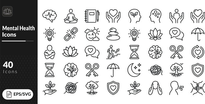 Mental wellness and self care thin line icon set ,depression, anxiety, bipolar, PTSD, panic, therapy, trauma, psychosis, recovery, psychology. Solid icons collection
