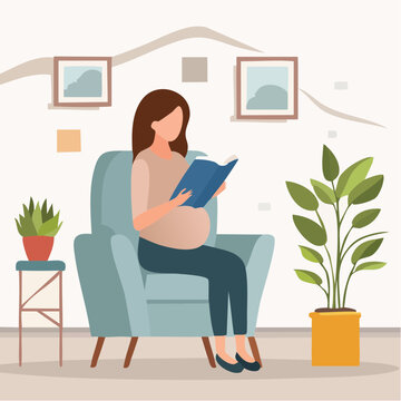 Femme enceinte lisant dans un fauteuil, ambiance cosy et d&eacute;tente int&eacute;rieure