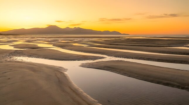 Tidal flat with winding water channels and sandy shores under a vibrant orange sunset sky with silhouettes of distant mountains creating a vast and open coastal vista of the coastline.