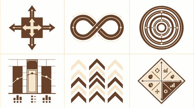 Set of six brown vector icons featuring business and data analysis symbols including arrows infinity loop concentric circles and charts