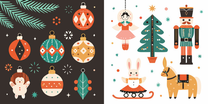 Retro Christmas Ornaments And Figures Flat Vector Illustration
