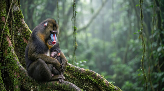 A colorful mandrill cradles a sleeping infant on a mossy tree root in a misty rainforest. This composition provides ample copy space on the right.