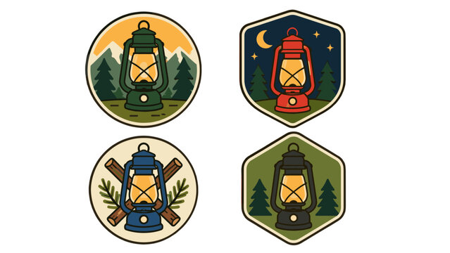 Set of camping lantern badge emblems with forest and mountain scenes