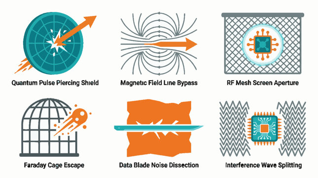 Set of six technical vector icons representing electromagnetic shielding and data interference concepts in a flat minimalist graphic style