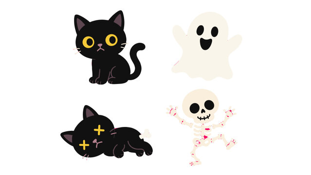 Cute black cat, ghost and skeleton cartoon character set