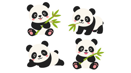 Cute cartoon panda set with bamboo branches on white background © icon_art