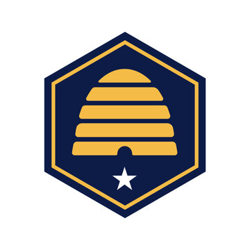 Gold outlined blue hexagon containing a gold beehive above a five pointed white star. Symbol from Flag of U.S State Utah.