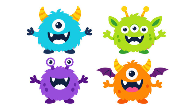 Set of cute cartoon monster characters in bright vector style