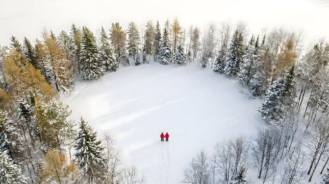 Two people in red coats walking across a vast white snowy field enclosed by a ring of frosted pine trees captured from a high aerial drone perspective in a cold winter wilderness.