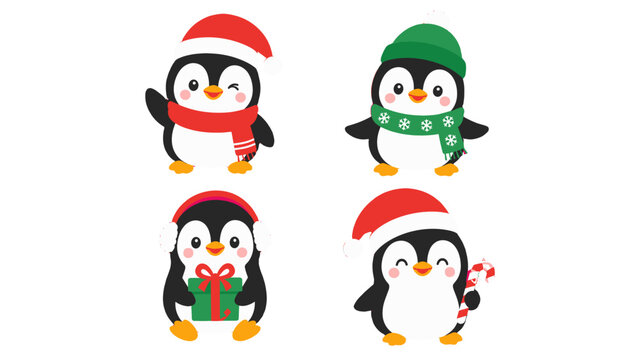 Set of cute penguins wearing winter hats and scarves