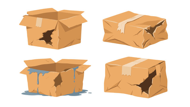 Set of damaged cardboard boxes with tears dents and water leaks