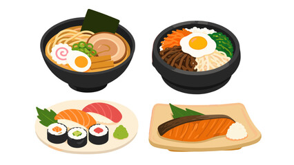 Japanese food set with ramen bibimbap sushi and grilled salmon © icon_art