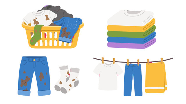 Dirty and clean laundry clothing set with basket and drying line