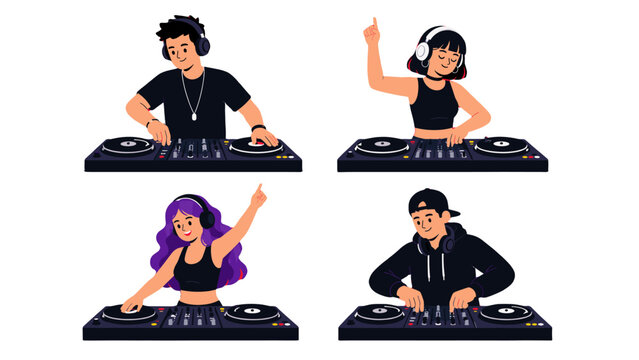 Set of male and female DJs mixing music on turntables
