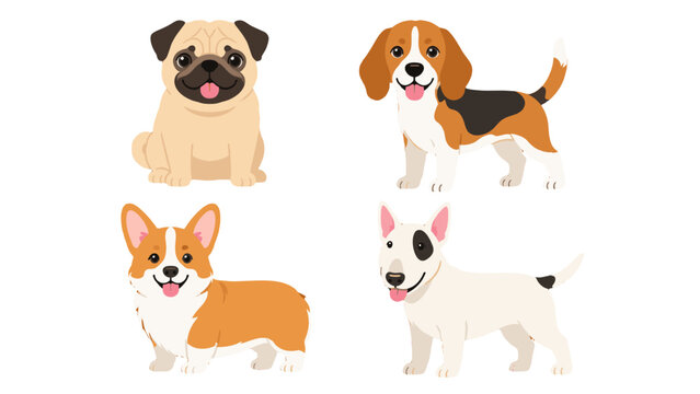 Cartoon dog breed set with pug, beagle, corgi and bull terrier