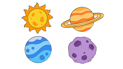 Hand drawn cartoon space elements with sun planets and asteroid © icon_art