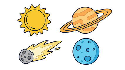 Hand drawn space doodles with sun planet comet and moon © icon_art