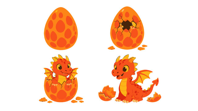 Cartoon dragon hatching from egg in four stage sequence