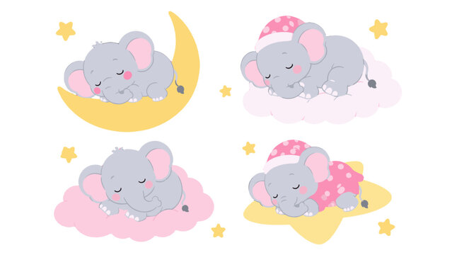 Cute sleeping baby elephants on moon, clouds and star set
