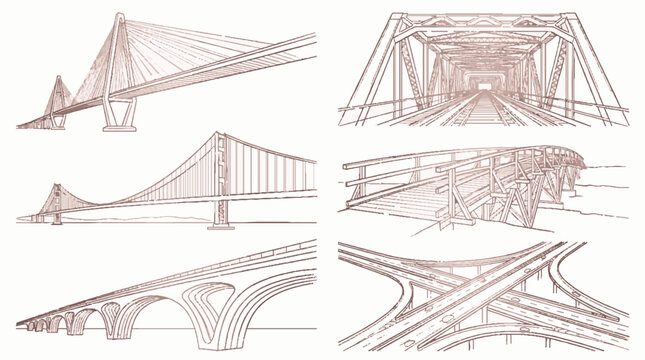 Collection of various bridge types including suspension truss and arch designs in a hand drawn sketch style illustration