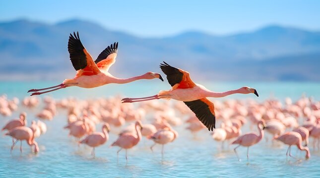 Greater flamingos flying over a large flock in a shallow turquoise lake with distant mountains under a clear blue sky in a wild natural wetland environment during the bright daylight hours.