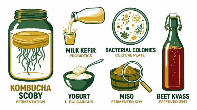 Fermented food and probiotic culture vector illustration set featuring kombucha scoby milk kefir bacterial colonies yogurt miso and beet kvass