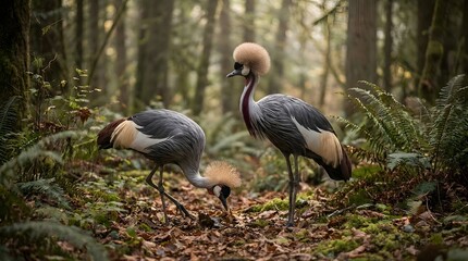 Fototapeta premium Grey Crowned Cranes standing and foraging among green ferns and mossy ground in a sun-drenched forest with tall trees and a soft atmospheric glow across the natural woodland scene