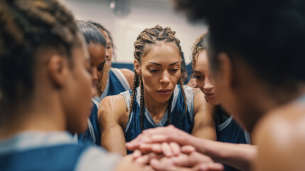 Obraz premium Focused female basketball team joining hands before game in locker room atmosphere perfect for motivation teamwork and sports leadership campaigns