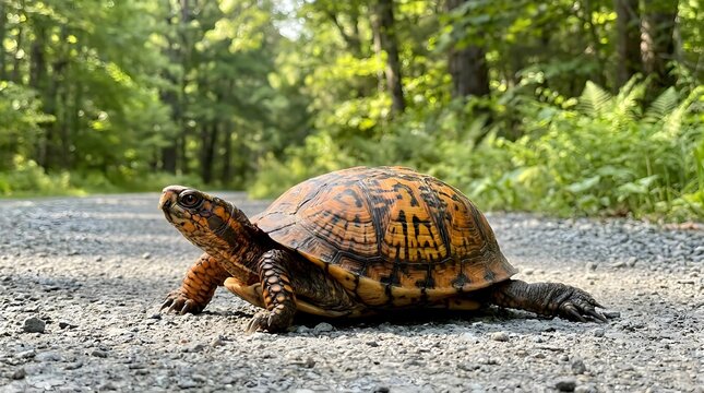 Box turtle walking slowly across a grey gravel road with a blurred green forest background in a side profile close-up shot showing detailed shell patterns for nature and wildlife studies