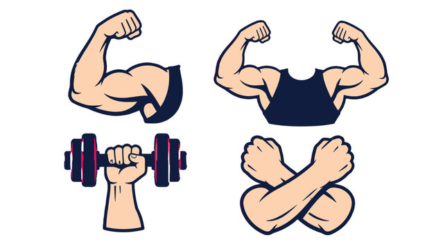 Set of muscular arm and dumbbell fitness vector illustrations
