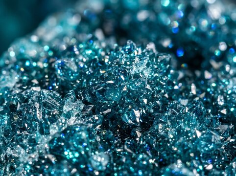 Teal blue crystal cluster macro, shimmering mineral druzy texture, sparkling turquoise gemstone background, abstract crystalline geological formation
