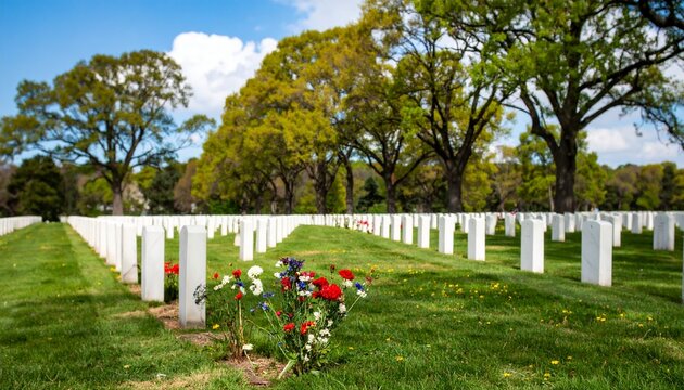 Rows of white headstones in a green field under trees with a small floral tribute