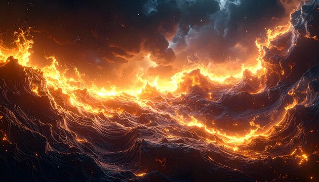Abstract fiery ocean and dramatic, stormy sky engulfing the viewer
