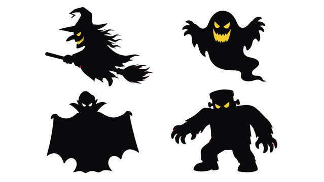 Halloween monster silhouettes with witch ghost vampire and creature