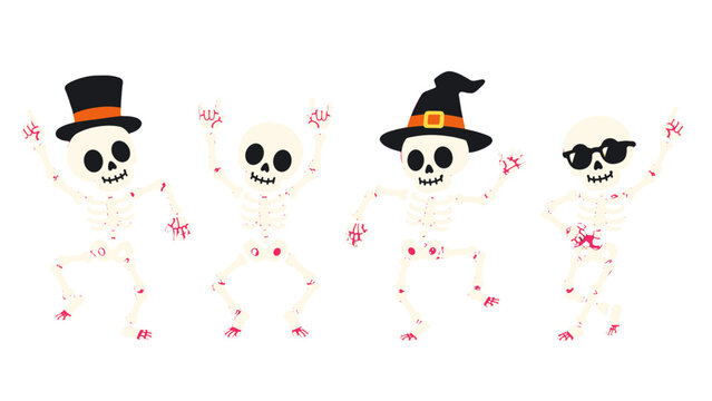 Set of dancing cartoon skeleton characters with hats and glasses